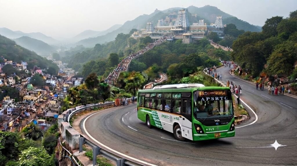 APSRTC electric bus driving on the scenic Tirumala ghat road.