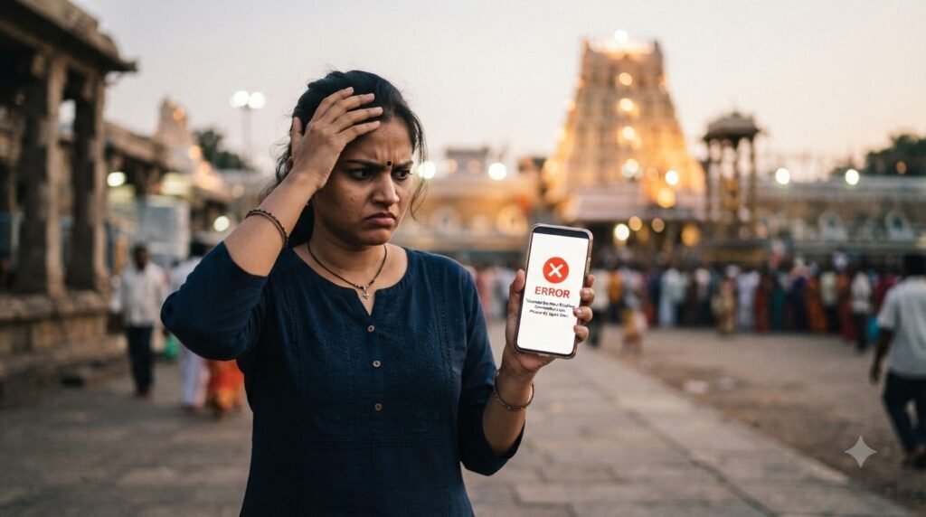 Devotee looking at a smartphone experiencing a TTD login page error while booking Tirumala darshan tickets.