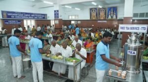 Annaprasadam and tea served to pilgrims waiting in the Tirumala free darshan queue.