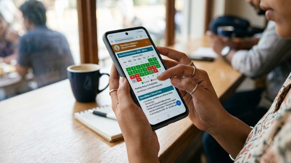 Checking TTD 300 Rs ticket dates and cancellation rules on a smartphone.