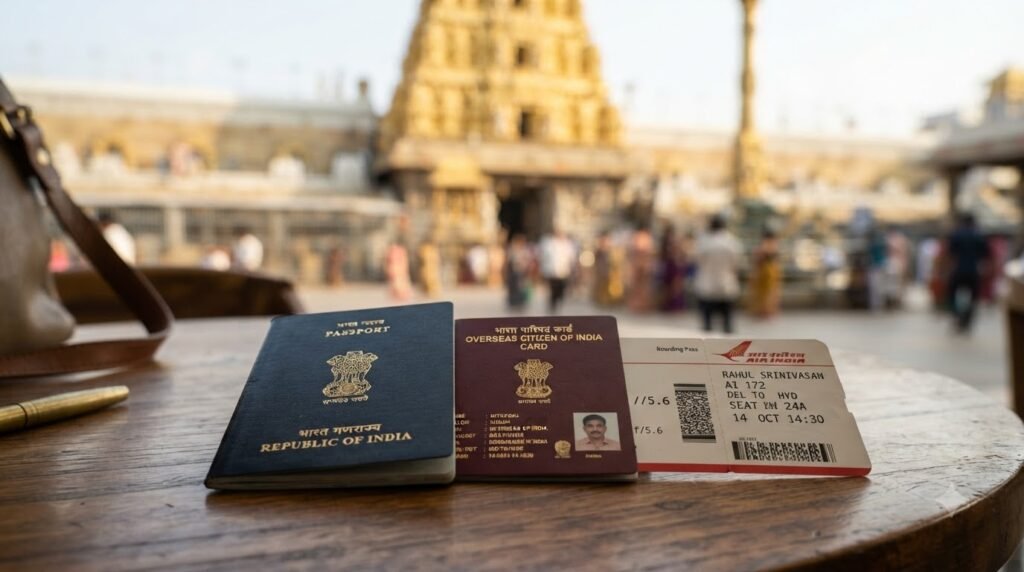 Indian passport and OCI card travel documents for NRI darshan booking at Tirupati Tirumala temple
