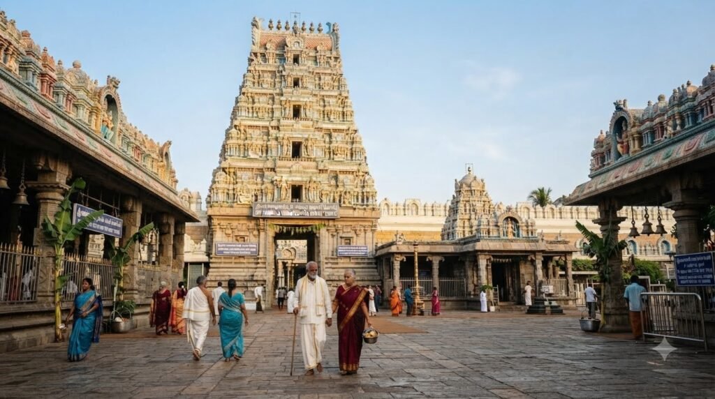 Elderly senior citizens visiting Tirumala temple for priority darshan.