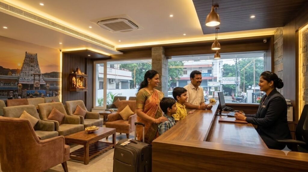 Modern hotel lobby in Tirupati near the railway station suitable for family stays