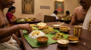 Traditional South Indian pure vegetarian thali served at a family restaurant in Tirupati.