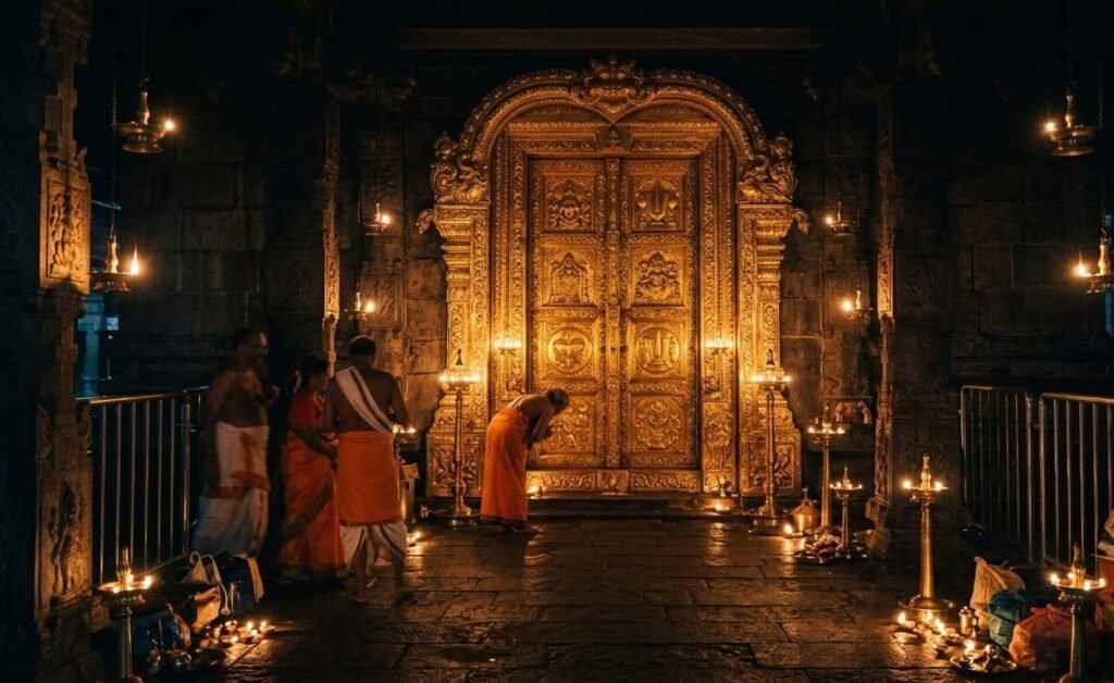 The golden doors of Tirumala temple where Suprabhata Seva is performed to awaken Lord Venkateswara early in the morning.