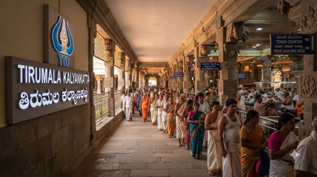 The main Kalyanakatta complex in Tirumala where devotees undergo the hair donation and tonsuring ritual.