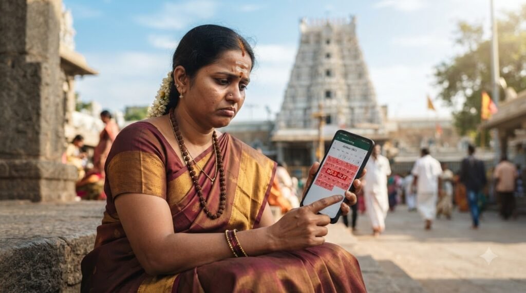 Pilgrim checking smartphone showing TTD tickets sold out calendar for Tirumala darshan