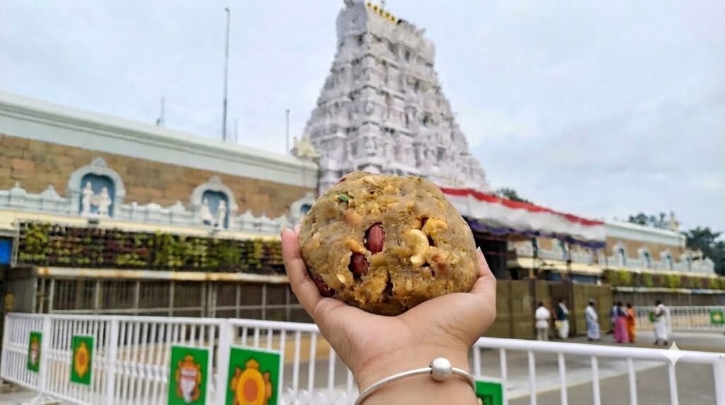 Authentic Tirupati Srivari Laddu prasadam with cashews and ghee.