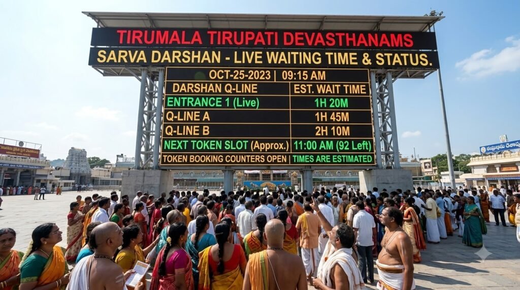 Live Tirupati free darshan waiting time display board.