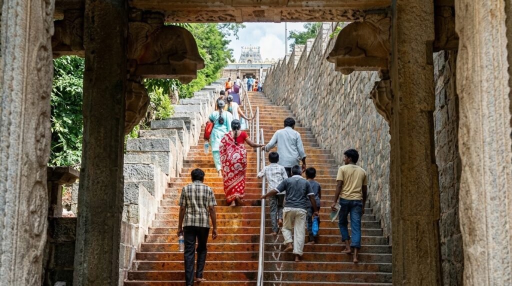 Pilgrims climbing the Alipiri Mettu footpath to Tirumala temple.