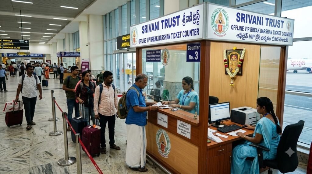 SRIVANI Trust offline VIP Break Darshan ticket counter at Tirupati Airport.