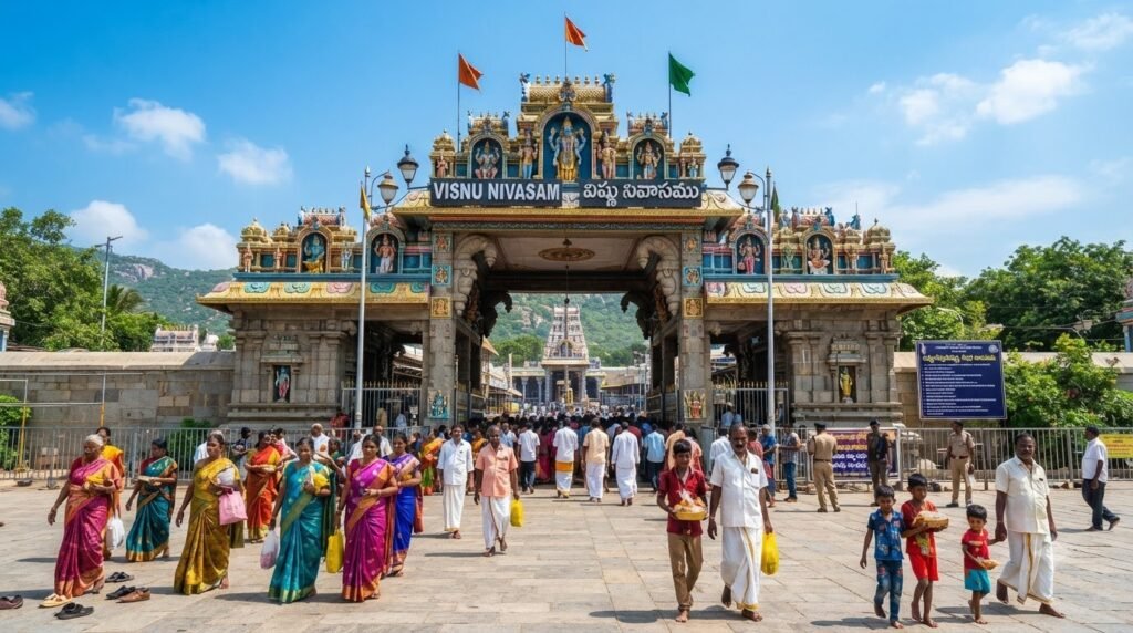 The Vishnu Nivasam complex in Tirupati where devotees collect free Slotted Sarva Darshan (SSD) tokens.
