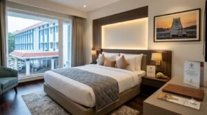 Modern and comfortable hotel room interior in Tirupati town.