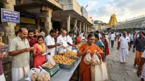 Pilgrims collecting extra laddus at the West Mada Street Laddu Complex in Tirumala.