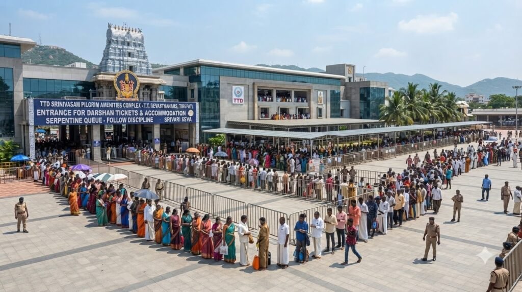 Devotees standing in line at the TTD offline ticket counter in Tirupati for slotted sarva darshan tokens.