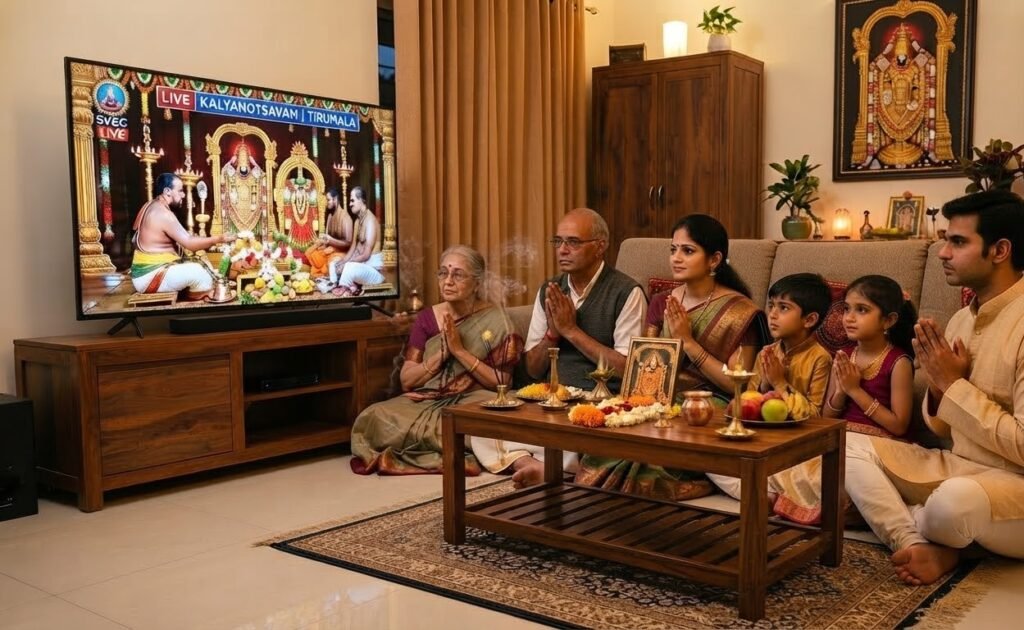 Devotees participating in the TTD Virtual Seva by watching the live SVBC broadcast from their home.