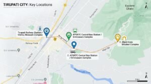 Map showing the exact locations of TTD offline free darshan ticket counters in Tirupati city.