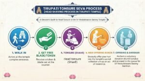 The step by step procedure for hair offering and tonsuring at Tirupati Kalyanakatta.