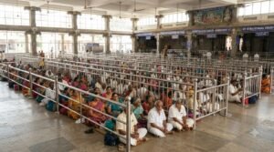Inside the Vaikuntam Queue Complex holding compartments in Tirumala.