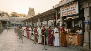 Pilgrims standing in line for offline Tirupati slotted sarva darshan tokens