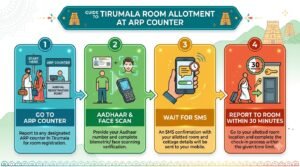 Step-by-step room allotment and check-in process at the Tirumala ARP counter.