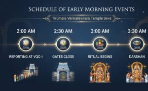 Timeline showing reporting time, gate closing, and ritual timings for Suprabhata Seva in Tirumala.