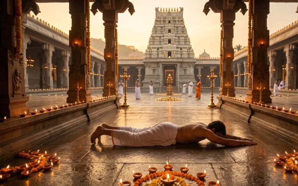 Devotee performing the sacred Angapradakshinam rolling vow at Tirumala Venkateswara Temple.