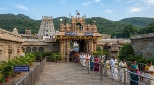 Devotees standing at the Supadham special entry gate for NRI and privileged darshan in Tirumala