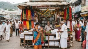 Roadside shops in Tirumala selling traditional white dhotis and dupattas for pilgrims who need to follow the TTD dress code.
