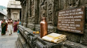 Mandatory plastic-free eco rules and traditional dress code at Tirumala temple.