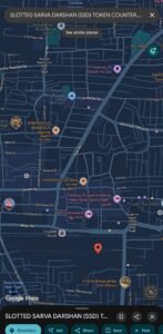 Map showing the locations of the Slotted Sarva Darshan token counters near the Tirupati railway station and bus stand.
