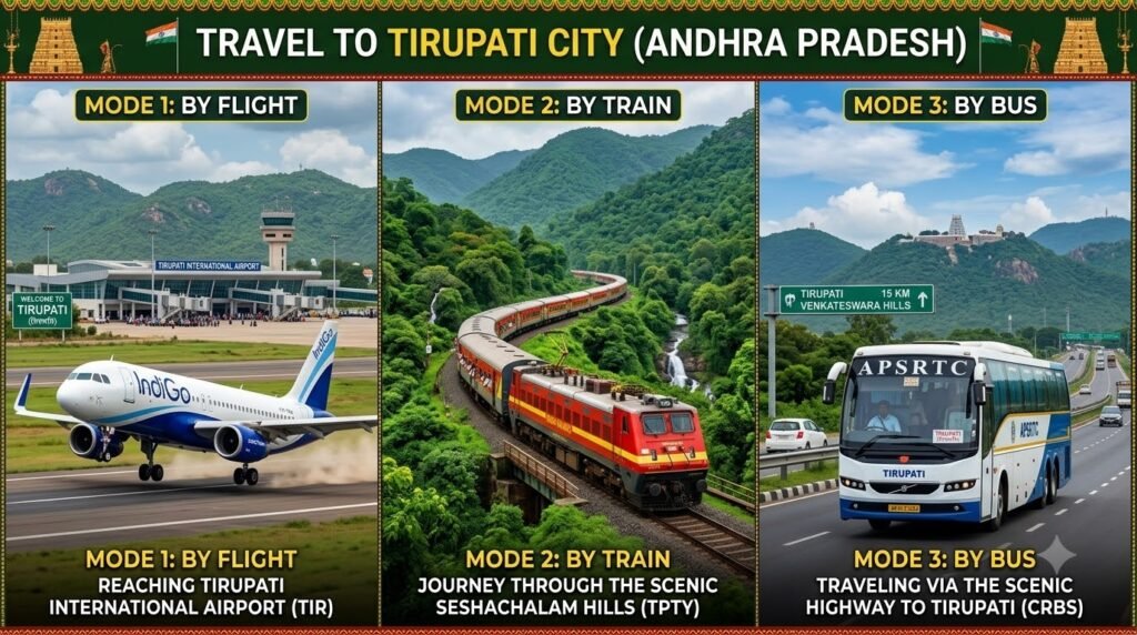 Different ways to reach Tirupati city by flight, train, and bus.