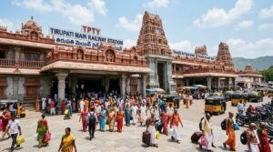Tirupati Main Railway Station architecture and pilgrim crowds.